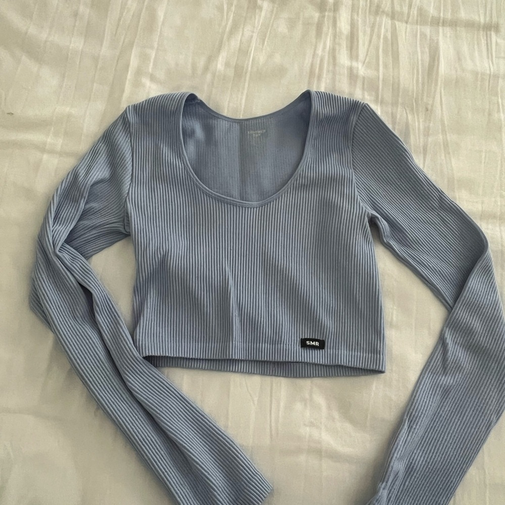 Blue Ribbed Long Sleeve Crop Top